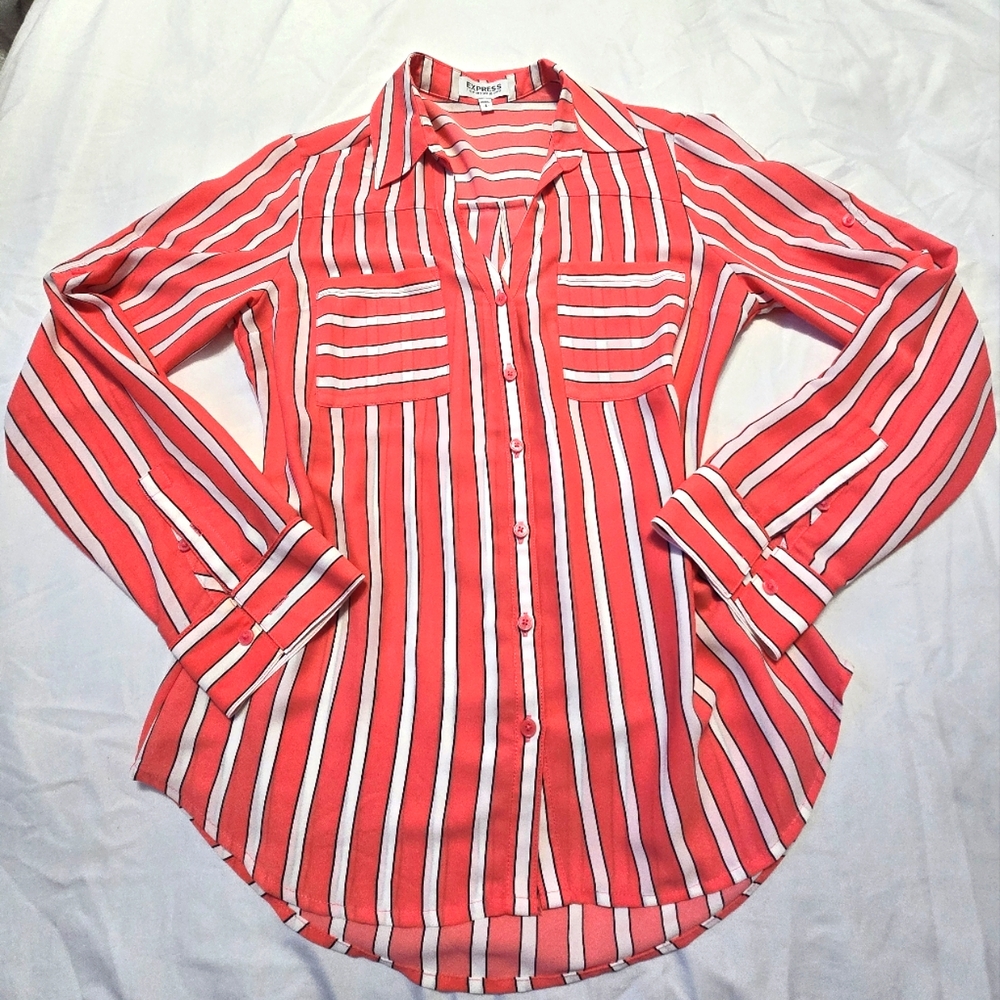 Express Coral Red and White Striped Button-Down Shirt
